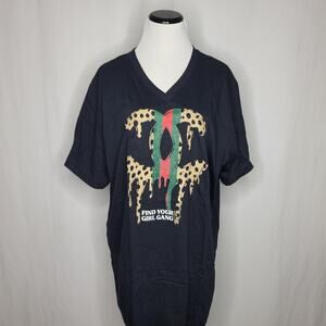 Designer-Ish Girl Gang Black Leopard Print Green Red V Neck Tee Shirt Top NEW 2X